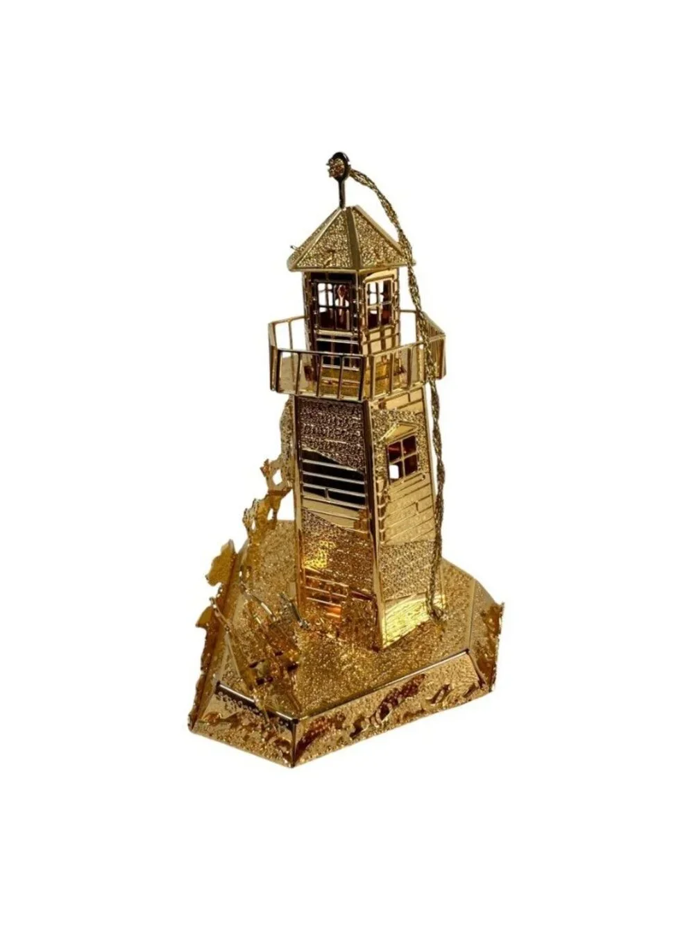 Danbury Mint Christmas Ornament North Pole Lighthouse Santa & Reindeer Gold 1998